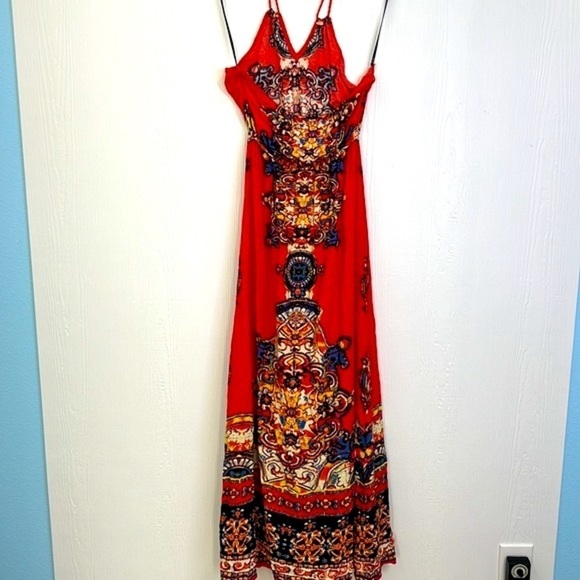 Forever 21 - Bright Orange With Colorful Design Halter Maxi Dress Size Small - Picture 9 of 11